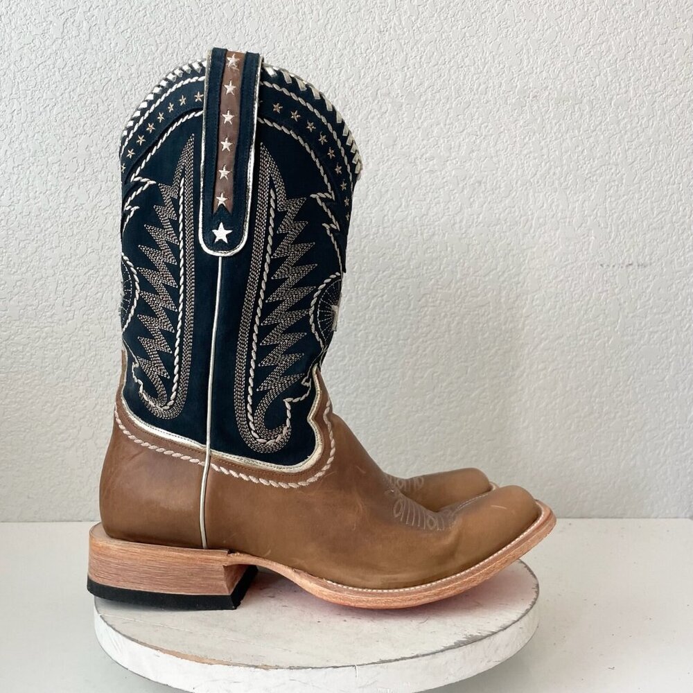 Lane Rodeo Houston Mens Cowboy Boots Brown Navy Square Toe 12.5" Size 12 - Picture 2 of 11